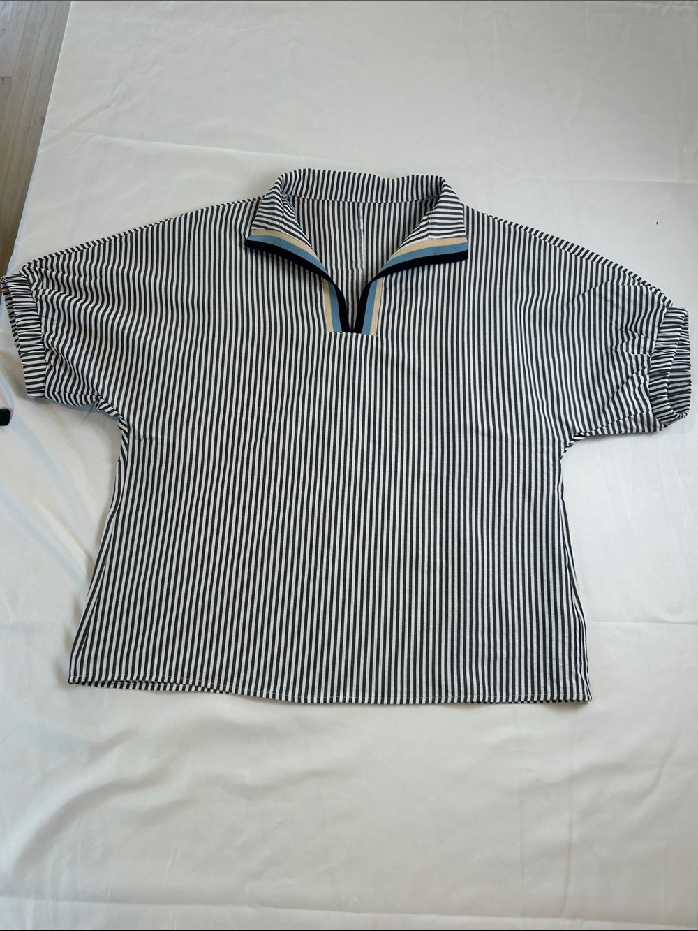 Striped Short Sleeve Polo Top in grey and White
